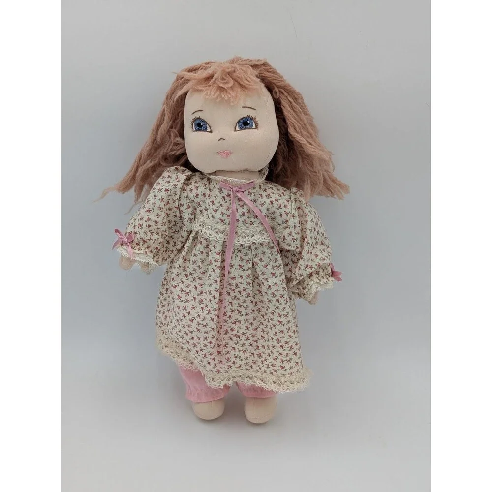 Handmade Cloth Rag Doll 16” Yarn Hair Floral Dress Pink Pants Embroidered...